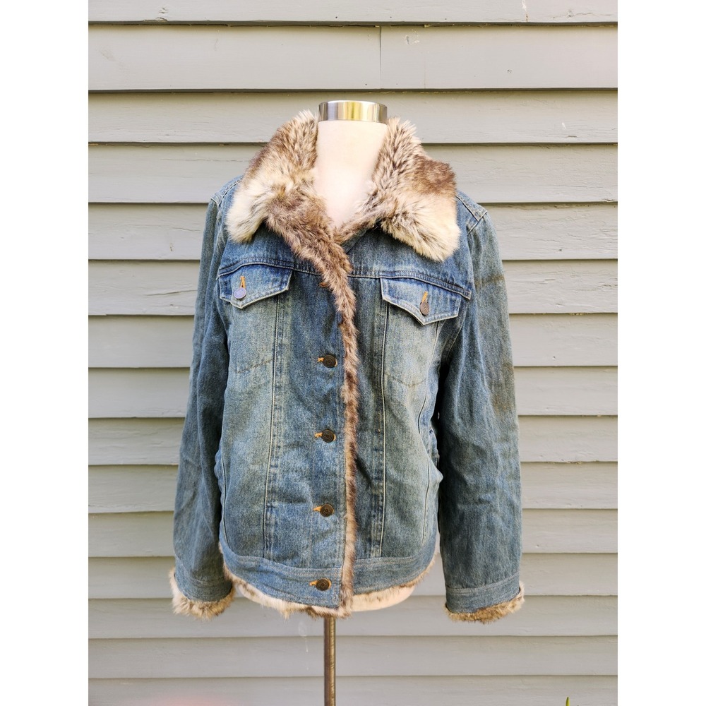 Vintage 90s Y2K Fabio Denim Jacket Blue Faux Fur Lined Trim Trucker Coat Large